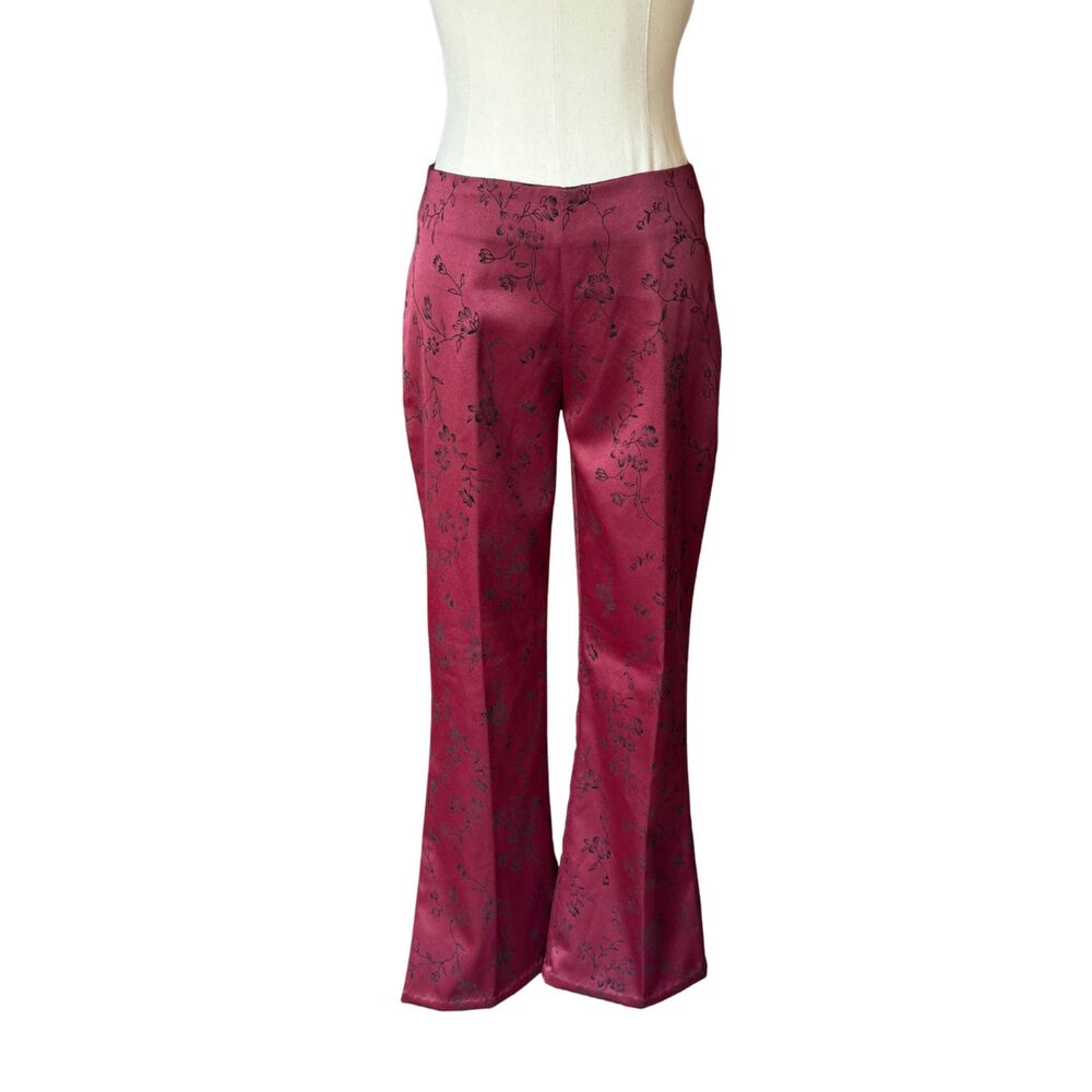 Y2K 90s Maroon Red Floral Satin Flare Pants Trousers Whimsigoth Romantic VTG 7